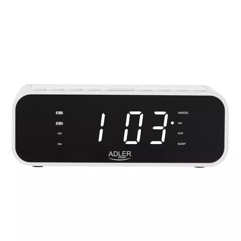 Wekker Adler AD 1192W – compacte nachtkastwekker met draadloze oplader en AUX-ingang, wit