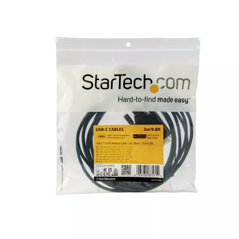 StarTech.com 10ft (3m) USB-C-naar-DVI-kabel – 1080p (Single Link) USB Type-C (DP Alt Mode HBR2) naar DVI-digitaal videoadapterkabel – werkt met Thunderbolt 3 – laptop naar DVI-monitor/display