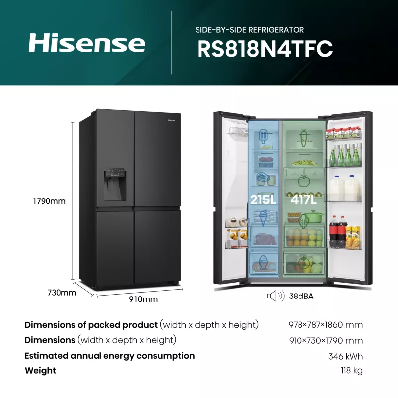 Hisense RS818N4TFC side-by-side-koelkast vrijstaand 632 L zwart, roestvrijstaal