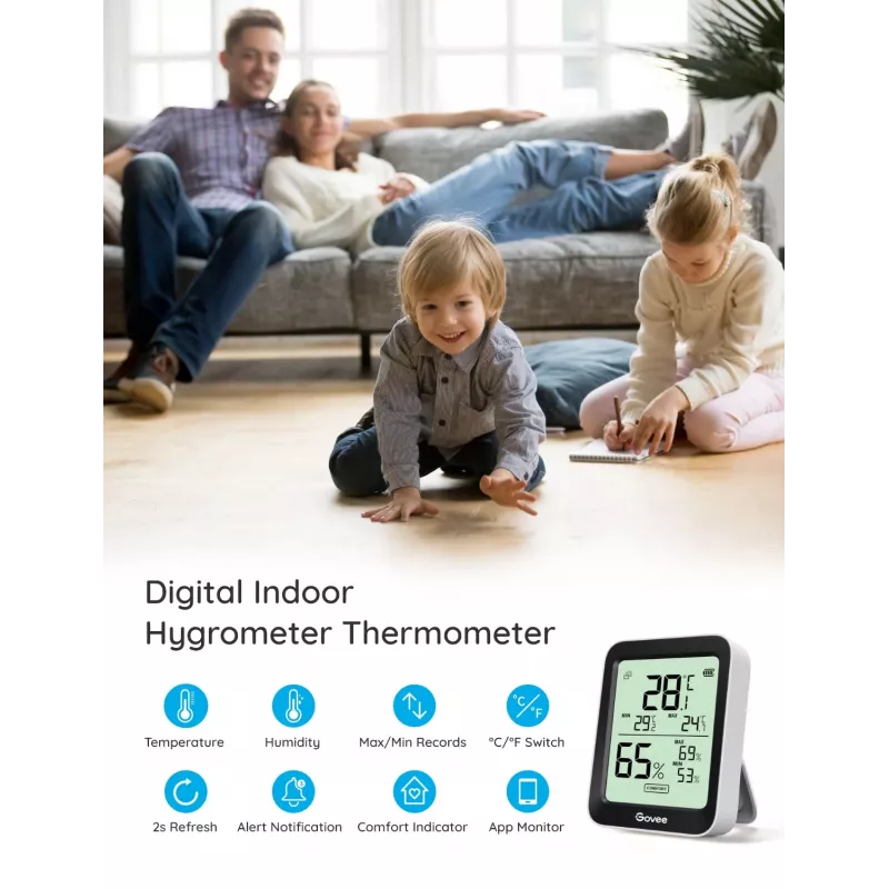 Govee H5075 temperatuur- en vochtigheidssensor voor binnen vrijstaand draadloos