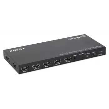 Manhattan 4K 4-poorts HDMI Multiviewer-switch, switch met vier ingangen op één display, 4K@30Hz, meerdere weergaveopties waaronder beeld-in-beeld en dual-/quad-screen, knoppen of afstandsbediening, 3,5-mm- en Toslink-audio, zwart, 3 jaar garantie