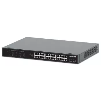 Intellinet 24-poorts Gigabit Ethernet PoE+-switch met 2 SFP-poorten IEEE 802.3at/af (PoE+/PoE) conform, PoE-vermogensbudget van 370 W, twee 1G SFP open slots, 19 inch rackmount