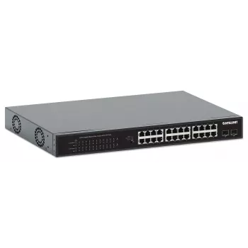 Intellinet 24-poorts Gigabit Ethernet PoE+-switch met 2 SFP-poorten IEEE 802.3at/af (PoE+/PoE) conform, PoE-vermogensbudget van 370 W, twee 1G SFP open slots, 19 inch rackmount