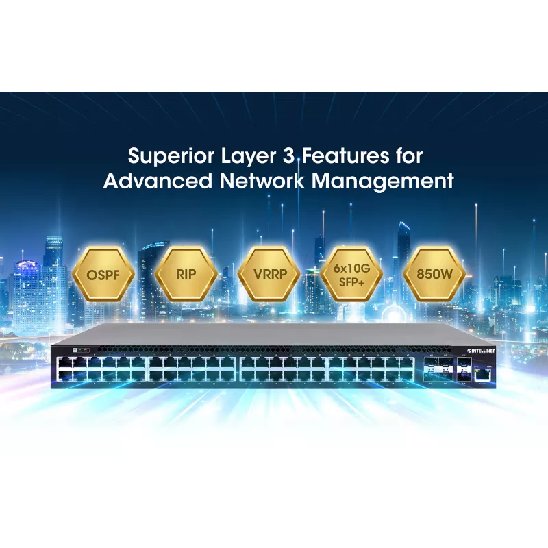 Intellinet 54-poorts L3 fully managed PoE+-switch met 48 Gigabit Ethernet-poorten en 6 SFP+-uplinks