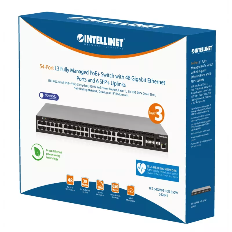 Intellinet 54-poorts L3 fully managed PoE+-switch met 48 Gigabit Ethernet-poorten en 6 SFP+-uplinks