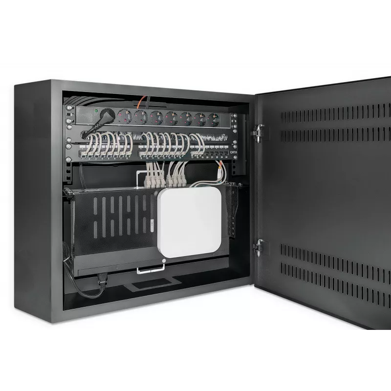 Intellinet low-profile 19 inch wandmontagekast met 4U horizontale en 2U verticale rails, slanke, ruimtebesparende behuizing met slechts 170 mm diepte, ideaal voor AV-, multimedia- en bewakingstoepassingen, gemonteerd, zwart RAL 7021