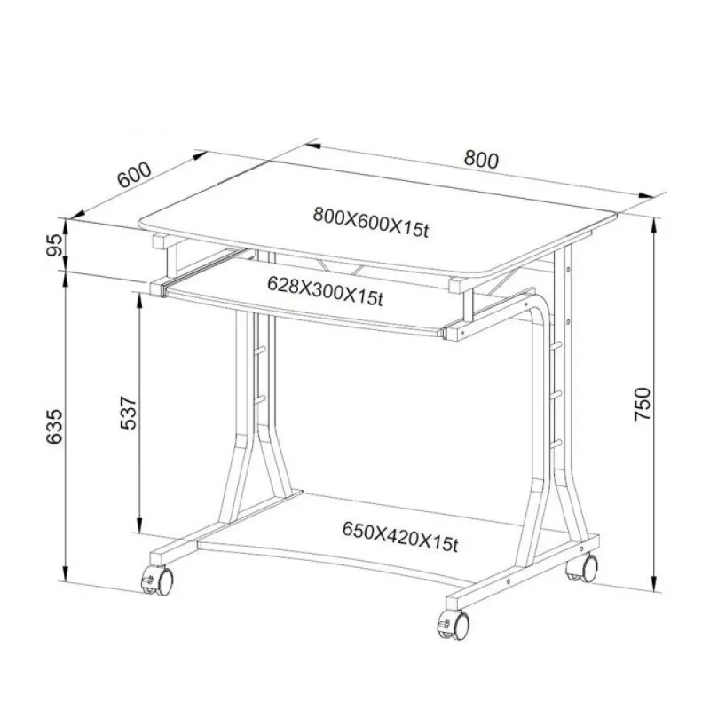 Techly compacte pc-tafel van metaal en glas met wielen ICA-TB 3791A