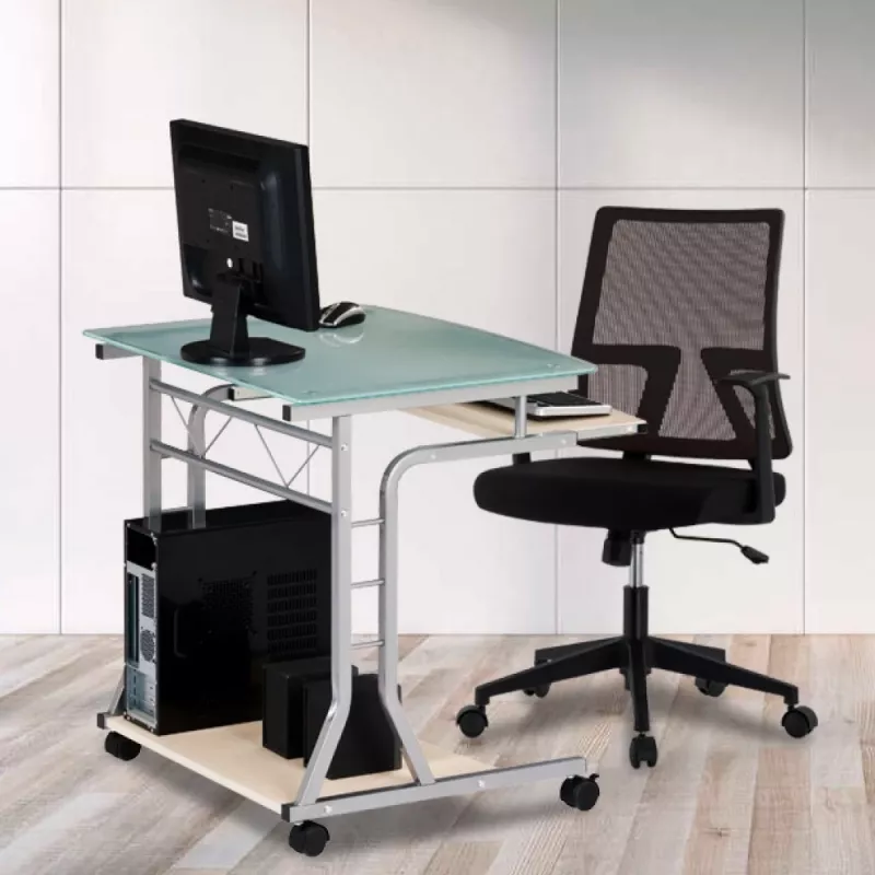 Techly compacte pc-tafel van metaal en glas met wielen ICA-TB 3791A