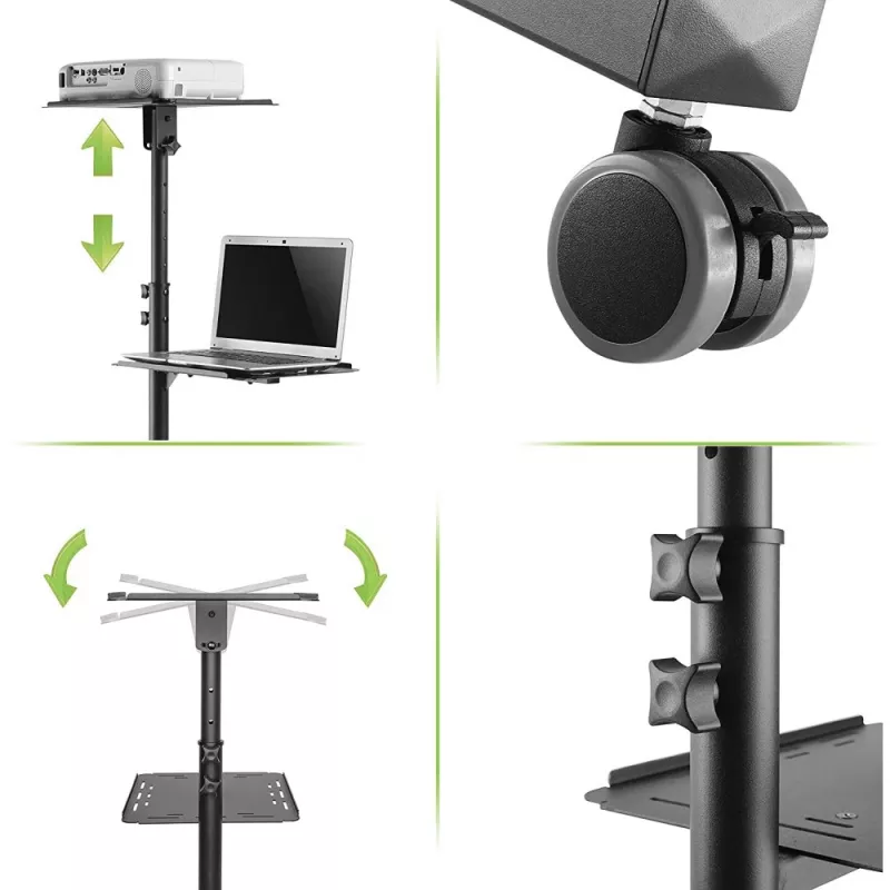 Techly ICA-TB TPM-10 in hoogte verstelbare projector- en notebooktrolley met plank, zwart