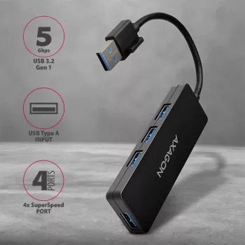 Axagon SuperSpeed USB slanke hub, USB 3.2 Gen 1 (3.1 Gen 1) Type-A, USB 3.2 Gen 1 (3.1 Gen 1) Type-A, 5000 Mbit/s, zwart, kunststof, 0,14 m
