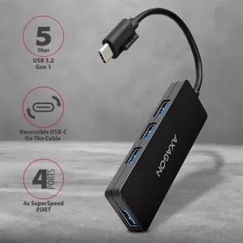 Axagon SuperSpeed USB-C slanke hub, USB 3.2 Gen 1 (3.1 Gen 1) Type-C, USB 3.2 Gen 1 (3.1 Gen 1) Type-A, 5000 Mbit/s, zwart, kunststof, 0,14 m