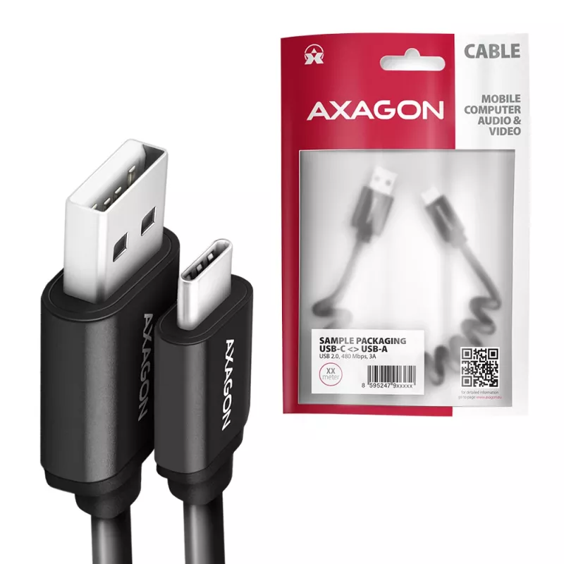 Axagon data- en oplaadkabel USB 2.0 lengte 1,1 m. 3A. zwart gewikkeld. USB-kabel USB A USB C