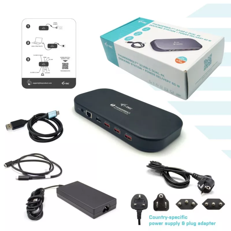 i-tec Thunderbolt 3/USB-C dual-4K-dockingstation + USB-C-naar-DisplayPort-kabel (1,5 m) + voeding 60 W