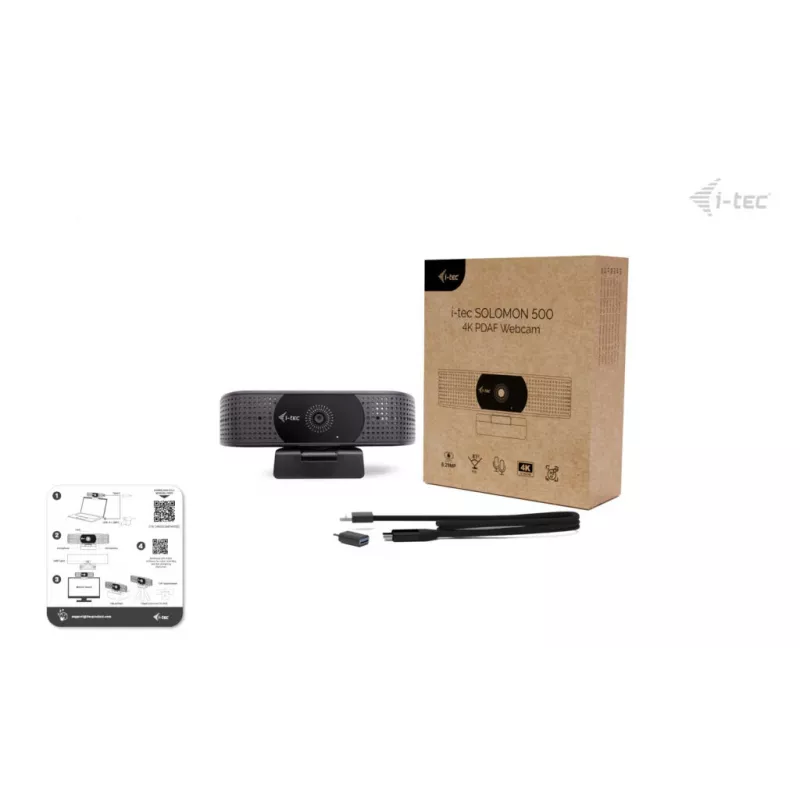 Webcam ITEC i-tec SOLOMON 500 4K PDAF — 4K Ultra HD, 3840×2160, USB, cliphouder, zwart