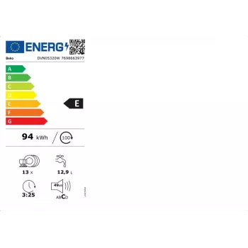 Vrijstaande vaatwasser BEKO DVN05320W — 60 cm breed, 13 couverts, 49 dB, 5 programma's, energie-efficiëntieklasse E