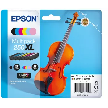 Epson 250XL Violin Claria Photo HD inktpatroon 6 stuks origineel high (XL) yield zwart, cyaan, lichtcyaan, lichtmagenta, magenta, geel
