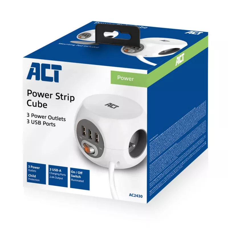 Stroomverdeeleenheid ACT AC2430 — 3× Type-F stopcontacten, 230 V, 16 A, 1,5 m kabel, wit