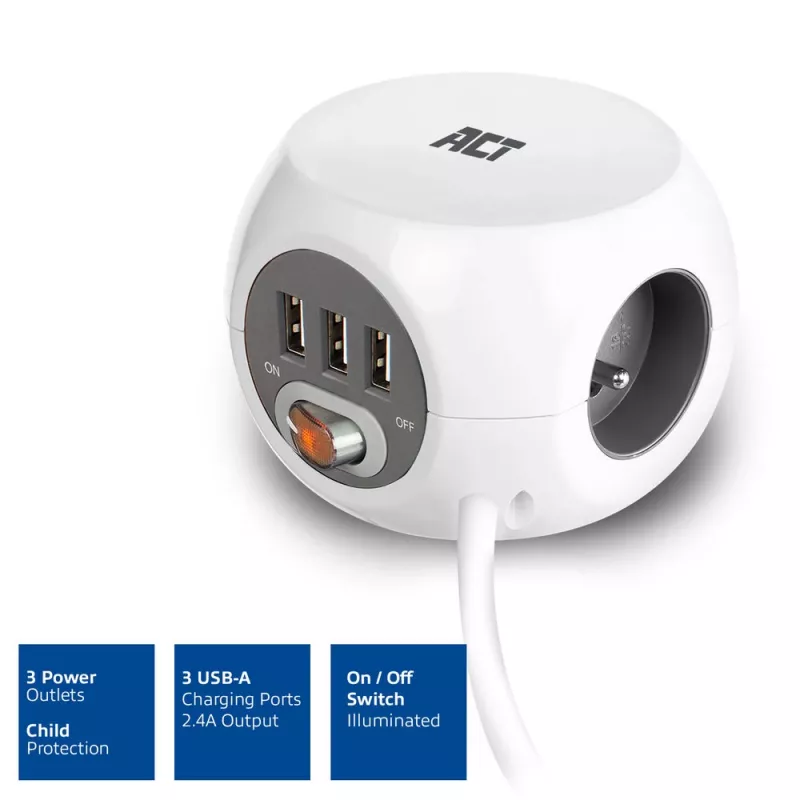 Stroomverdeeleenheid ACT AC2430 — 3× Type-F stopcontacten, 230 V, 16 A, 1,5 m kabel, wit