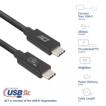 ACT USB4 20Gbps 240W USB Type-C kabel 2m zwart USB-IF gecertificeerd