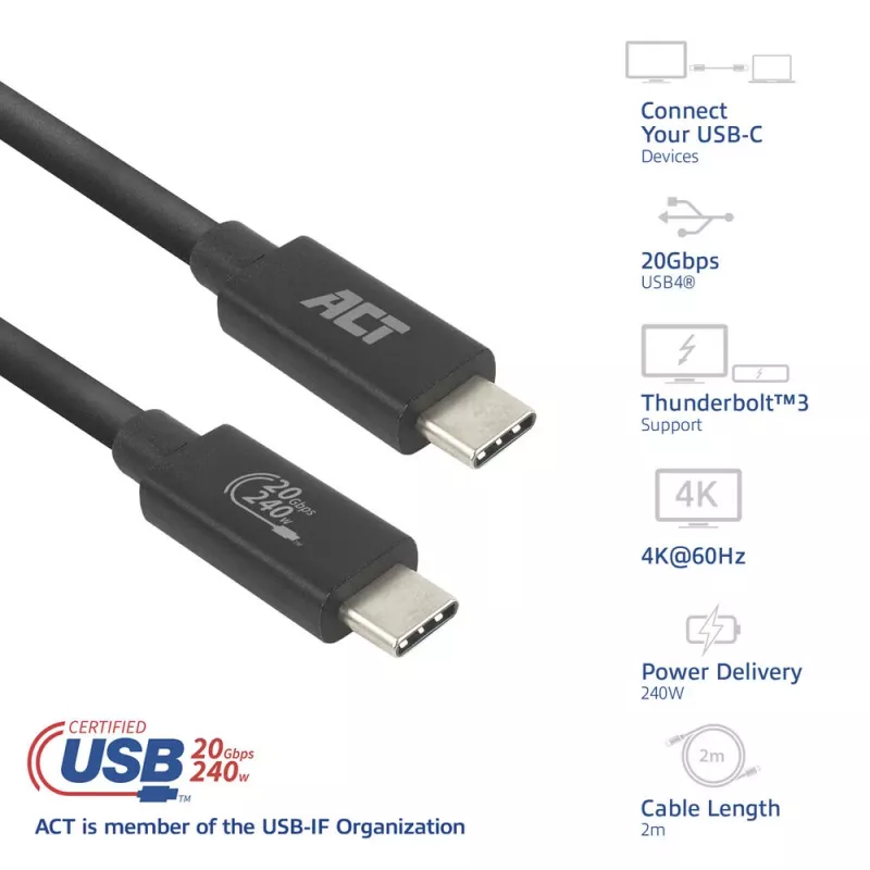 ACT USB4 20Gbps 240W USB Type-C kabel 2m zwart USB-IF gecertificeerd