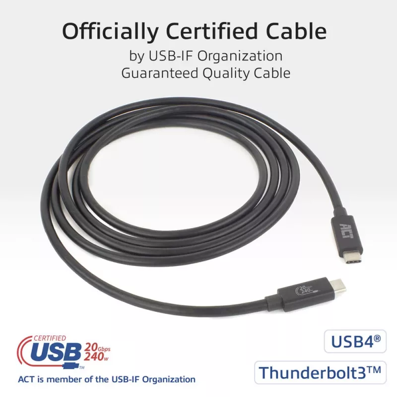 ACT USB4 20Gbps 240W USB Type-C kabel 2m zwart USB-IF gecertificeerd