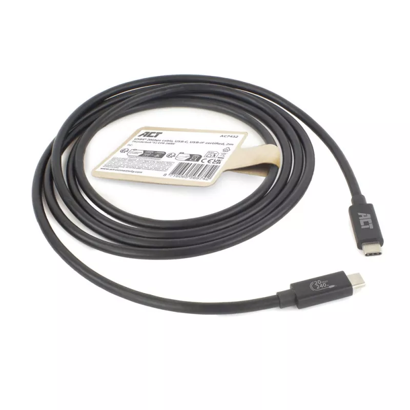 ACT USB4 20Gbps 240W USB Type-C kabel 2m zwart USB-IF gecertificeerd