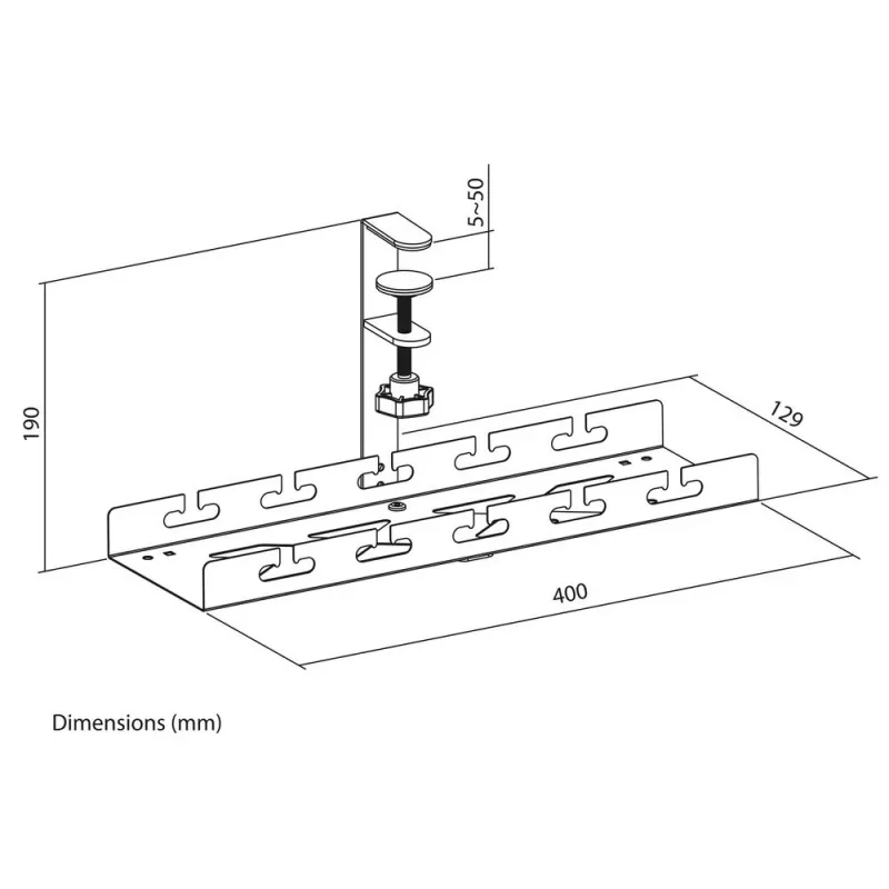 Kabelgoot voor onder het bureau ACT, klembevestiging, 40 cm, staal, 5 kg capaciteit