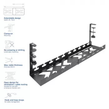 Uitschuifbare kabelmanagementbak voor onder het bureau ACT 43–72 cm klembevestiging, staal, 728×130×190 mm, 5 kg