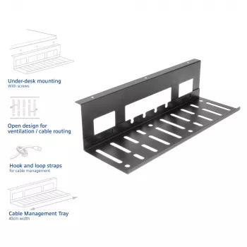 Kabelgoot voor onder het bureau ACT 40 cm staal, recht, 3 kg draagvermogen (B400×D140×H100 mm)