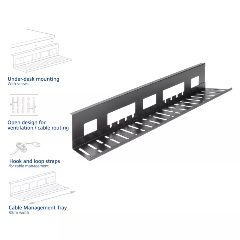Kabelgoot voor onder het bureau ACT 80 cm – rechte horizontale stalen bak 800×140×100 mm