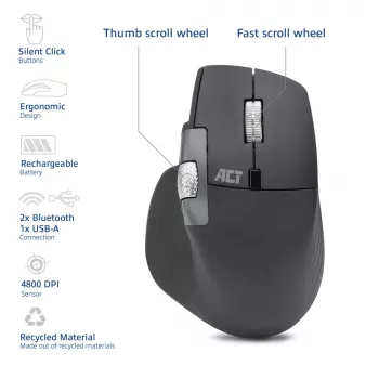 ACT AC5147 draadloze muis, Bluetooth/USB, stille klik, 4800 DPI, grijs
