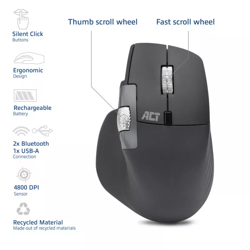 ACT AC5147 draadloze muis, Bluetooth/USB, stille klik, 4800 DPI, grijs