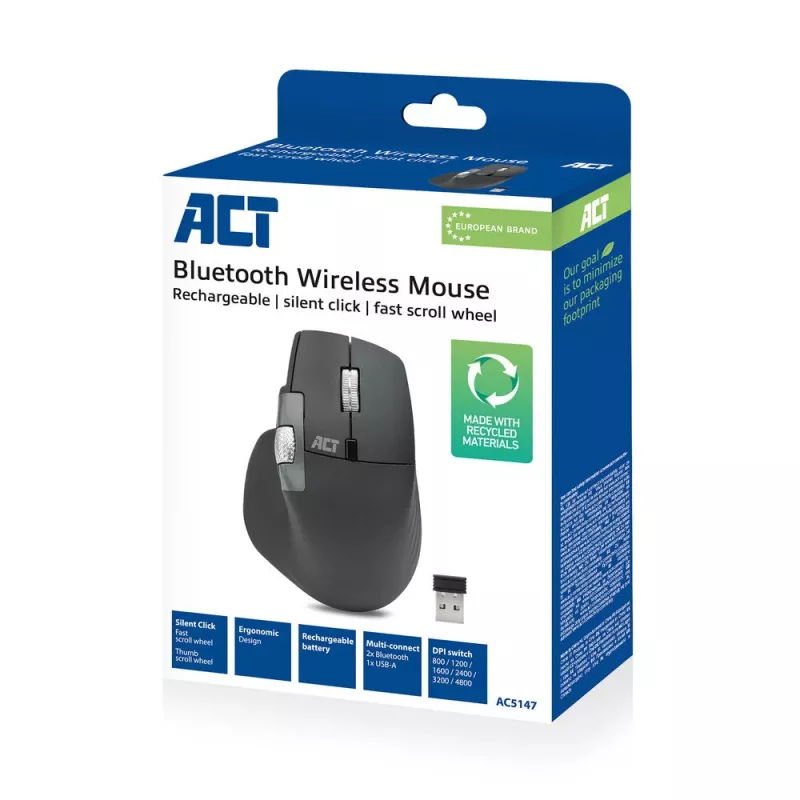 ACT AC5147 draadloze muis, Bluetooth/USB, stille klik, 4800 DPI, grijs