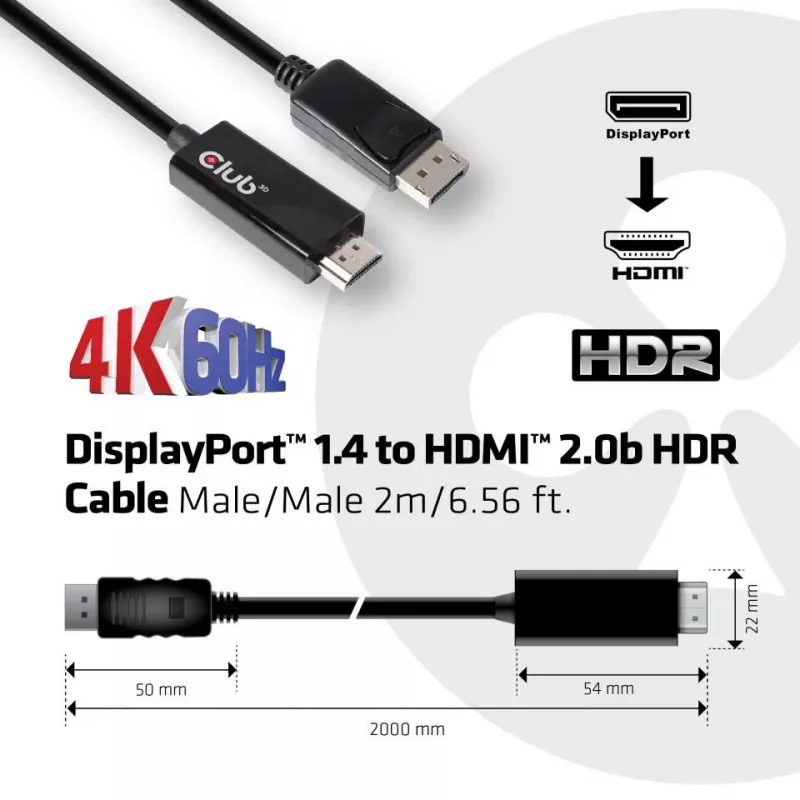 CLUB3D DisplayPort 1.4 naar HDMI 2.0b HDR-kabel, stekker/stekker, 2 m
