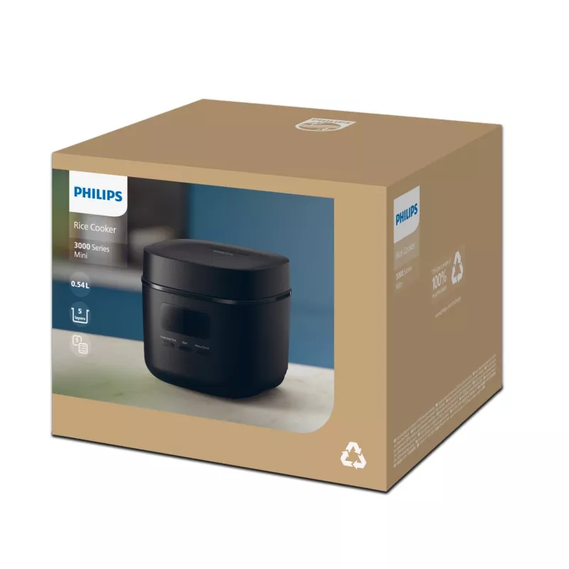 Rijstkoker Philips 3000 Series HD3080/80, 0,54 L, 400 W, zwart, knopbediening
