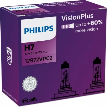 Philips VisionPlus 12972VPC2 meer veiligheid en comfort, 55 W, 12 V, H7, halogeen, 2 stuks