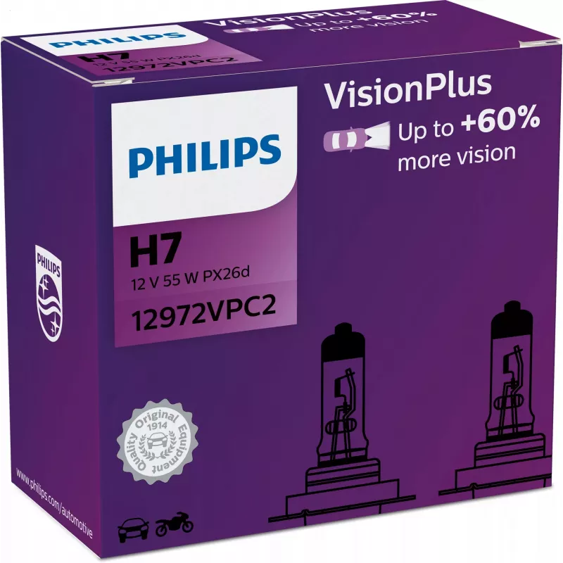 Philips VisionPlus 12972VPC2 meer veiligheid en comfort, 55 W, 12 V, H7, halogeen, 2 stuks
