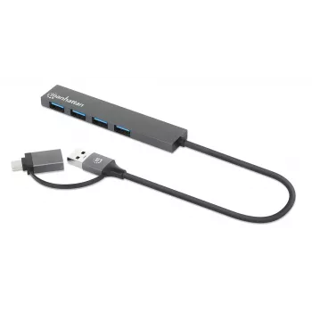 Manhattan USB-C & USB-A combo dock/hub, aansluitingen (4): USB-A (x4), 5 Gbps (USB 3.2 Gen1 alias USB 3.0), USB-gevoed (geen externe voeding nodig), kabel 25 cm