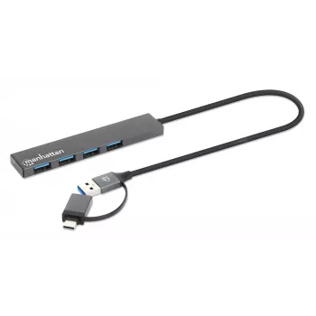 Manhattan USB-C & USB-A combo dock/hub, aansluitingen (4): USB-A (x4), 5 Gbps (USB 3.2 Gen1 alias USB 3.0), USB-gevoed (geen externe voeding nodig), kabel 25 cm