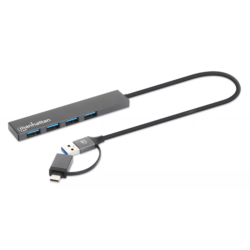 Manhattan USB-C & USB-A combo dock/hub, aansluitingen (4): USB-A (x4), 5 Gbps (USB 3.2 Gen1 alias USB 3.0), USB-gevoed (geen externe voeding nodig), kabel 25 cm