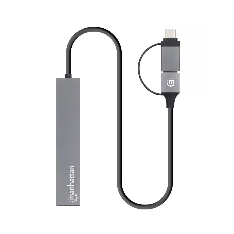 Manhattan USB-C & USB-A combo dock/hub, aansluitingen (4): USB-A (x4), 5 Gbps (USB 3.2 Gen1 alias USB 3.0), USB-gevoed (geen externe voeding nodig), kabel 25 cm