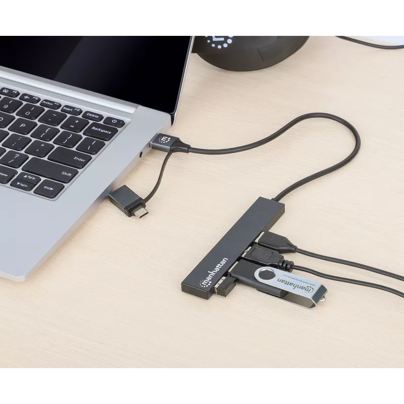 Manhattan USB-C & USB-A combo dock/hub, aansluitingen (4): USB-A (x4), 5 Gbps (USB 3.2 Gen1 alias USB 3.0), USB-gevoed (geen externe voeding nodig), kabel 25 cm