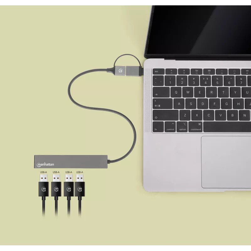 Manhattan USB-C & USB-A combo dock/hub, aansluitingen (4): USB-A (x4), 5 Gbps (USB 3.2 Gen1 alias USB 3.0), USB-gevoed (geen externe voeding nodig), kabel 25 cm