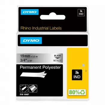DYMO Rhino Industrial Permanent Polyester Labels | 19 mm x 5,5 m | zwarte print op metallic | zelfklevend | voor Rhino & LabelManager labelmakers