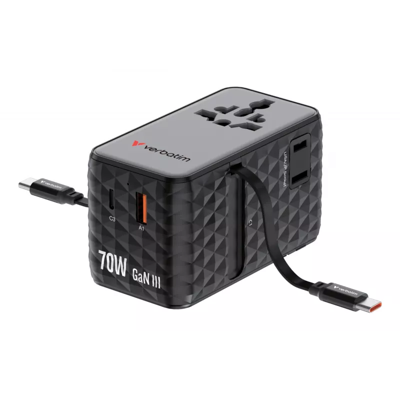 Verbatim Charge 'n' Travel 70W 2C oprolbaar universele reisadapter zwart