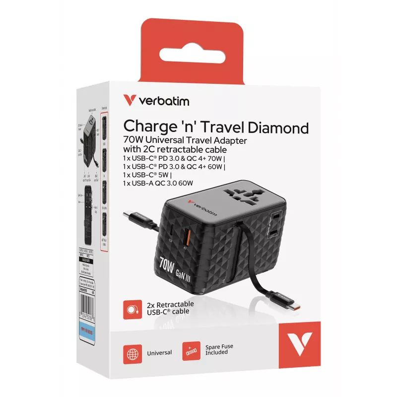 Verbatim Charge 'n' Travel 70W 2C oprolbaar universele reisadapter zwart
