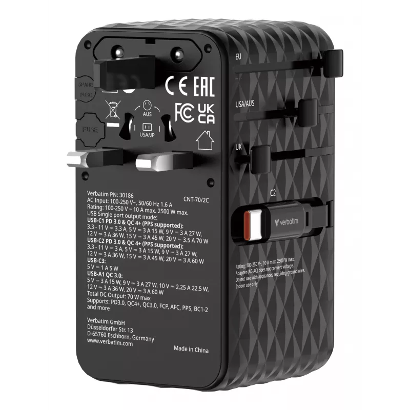 Verbatim Charge 'n' Travel 70W 2C oprolbaar universele reisadapter zwart