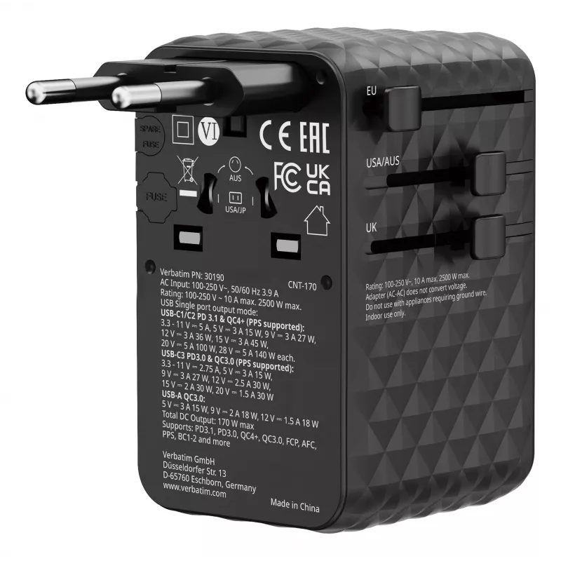 Verbatim Charge 'n' Travel 170W universele reisadapter zwart