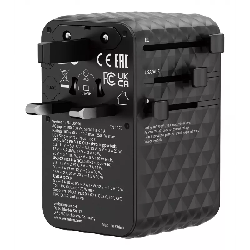 Verbatim Charge 'n' Travel 170W universele reisadapter zwart