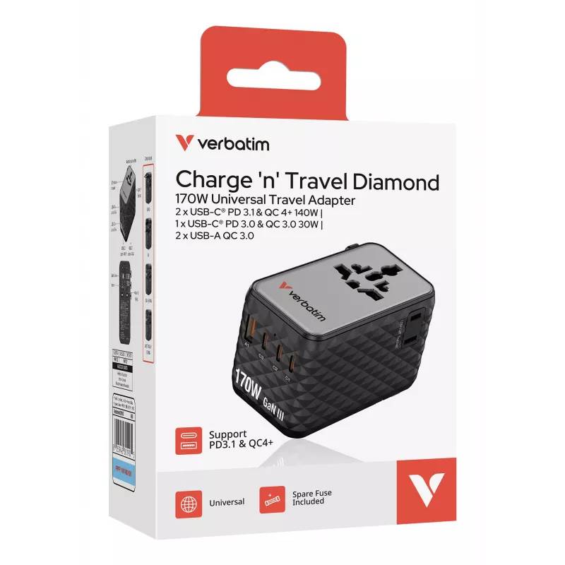 Verbatim Charge 'n' Travel 170W universele reisadapter zwart